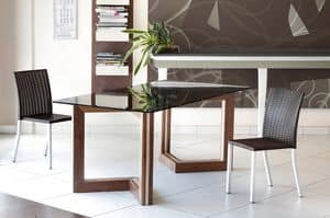Elle, Wooden table with glass top, for dining rooms