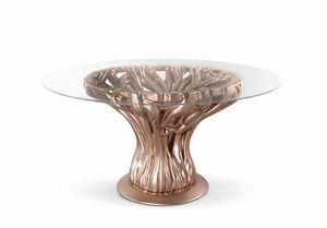 FICUS 2023-42 Table, Table-sculpture with carved base and glass top