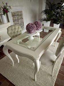 Giulietta table, Dining table in white wood, with glass top