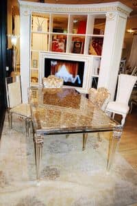 Lucretia table, Dining table with alabaster floor with quartz reflections