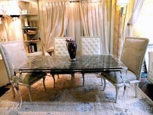 Villa Pamphili table, Rectangular table for dining room with glass top, classic style