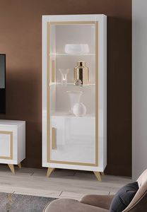 Gold 1 door display cabinet, Elegant white lacquered display case, with gold details