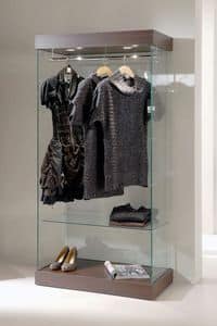 Laminato 131/CA, Modern glass display cabinet, wooden base, spotlights, for clothes shop
