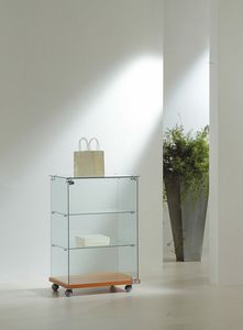 Illuminated glass cases, base with wheels, displays crystal, to shop