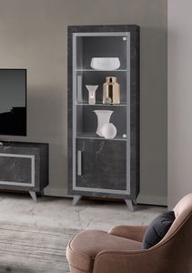 Silver 1 door display cabinet, Modern showcase with glossy marble effect finish