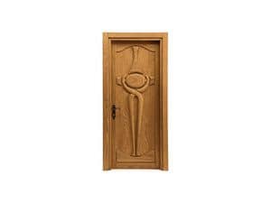 Castello, Door in carved solid chestnut wood, rustic style, wrought-iron handle