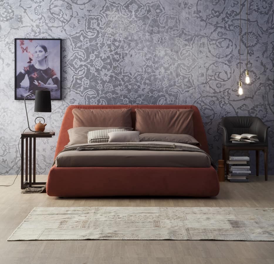 DHARMA, Upholstered bed, with a large headboard with cushions
