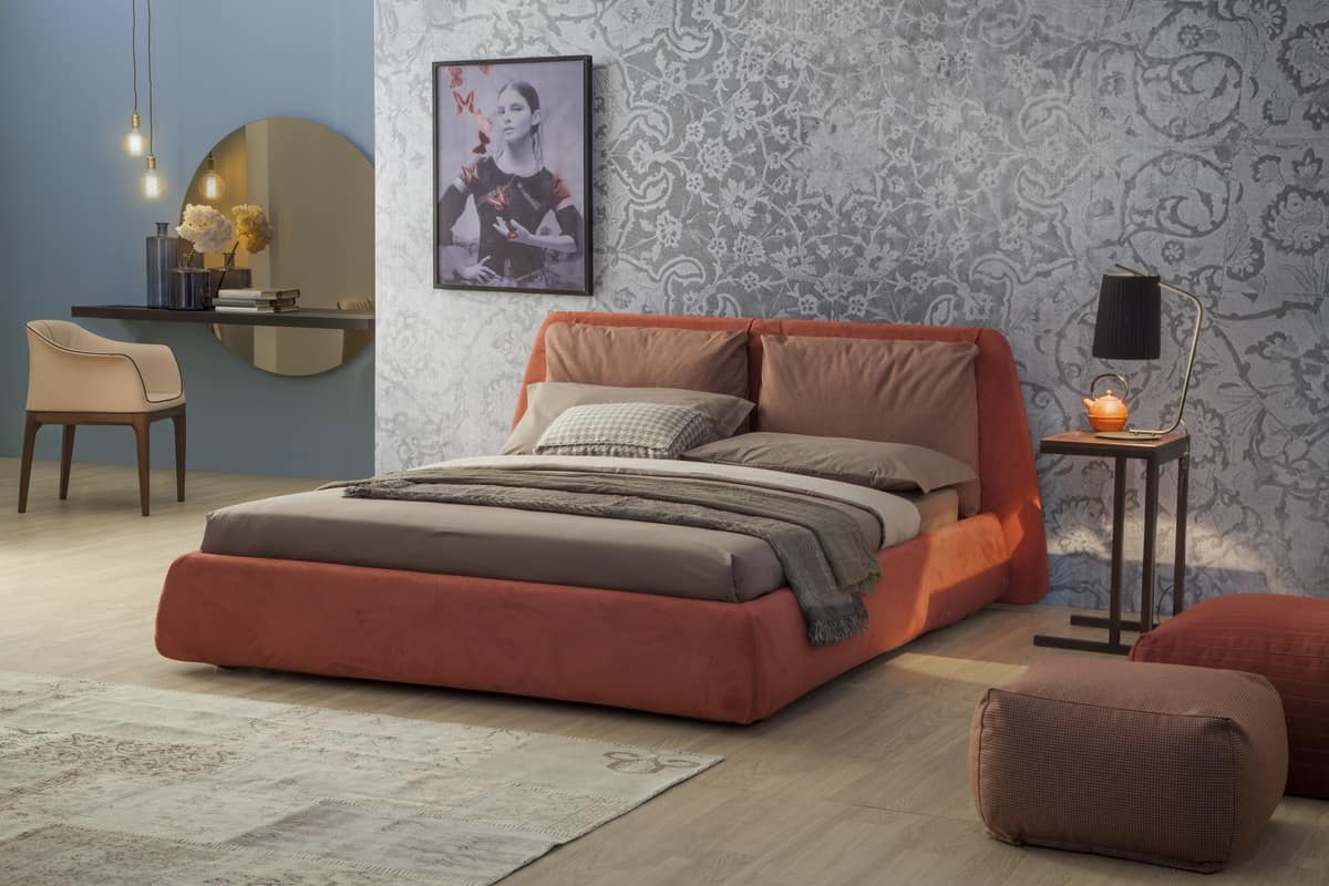DHARMA, Upholstered bed, with a large headboard with cushions