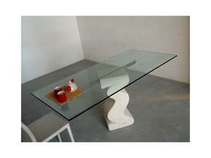 Flex tab, Table with base made of carved stone and top in glass