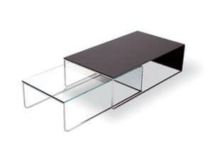 Nido Coffee Table, Modern coffee table in curved glass and chrome tubing, for lobby