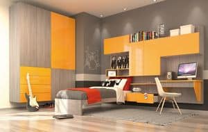 Gulliver, Modern kid bedroom with wall wardrobe, yellow and elm finish