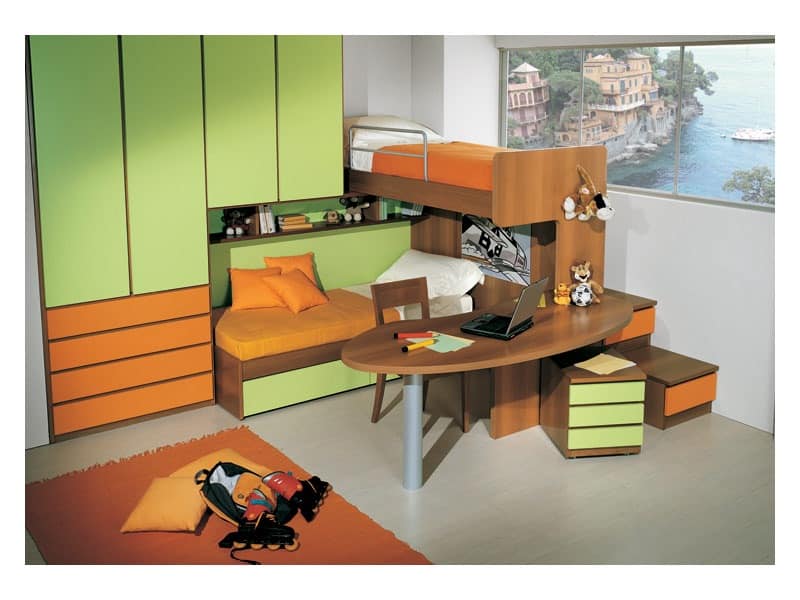 Kids Bedroom 3, Kid bedroom with double bed, desk included in the bunk structure, green and orange finish