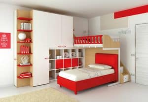 Loft bed KS 112, Bedroom with loft bed, with open bookcase and 6 drawers