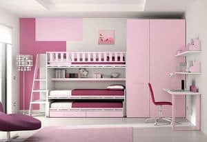 Loft bed KS 116, Children bedroom with loft bed with 3 beds, and shelves