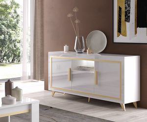 Gold 3 door sideboard, White lacquered sideboard, with decorative gold silk-screen printing