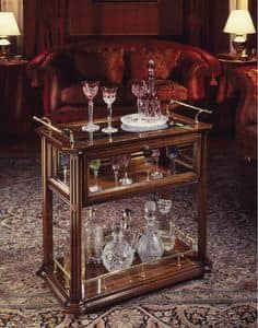 Oxford Art.507 bar trolley, Bar trolley in walnut, with wooden and crystal shelves