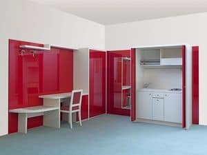 Cherry collection, two-roomed flat furniture, hideable built-in kitchen unit, furnishing for residential hotel Hotels