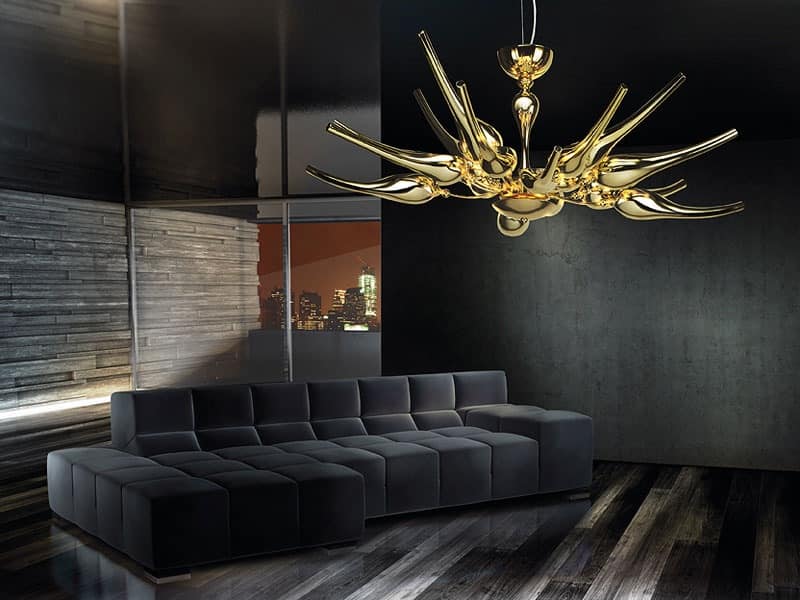 Ego chandelier, Brass chandelier with blown glass diffusers