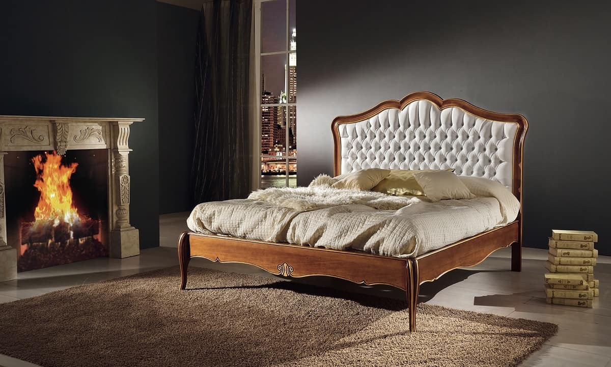Art. 800, Bed with tufted headboard, in wood with inlays