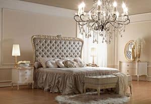 Artemisia 4000 bed, Classical style bed, with handcrafted carvings, padded tufted headboard