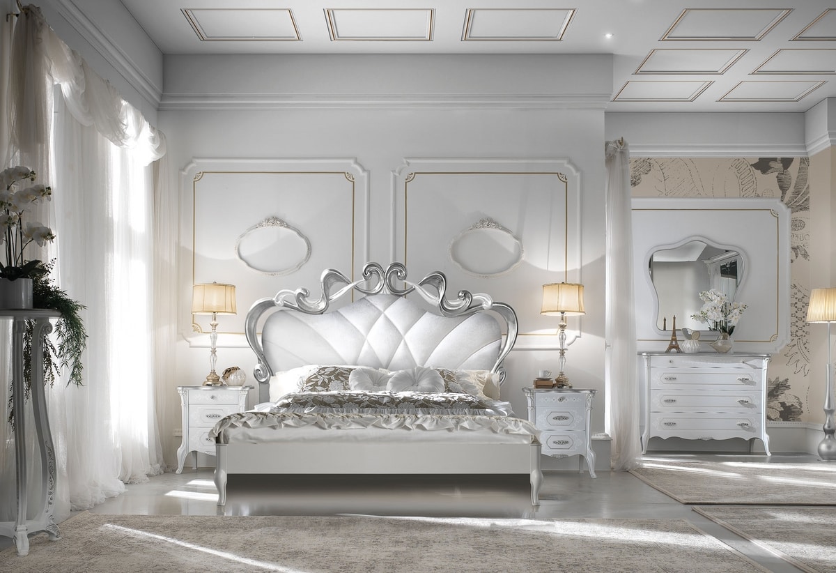 Beatrice Art. 7802 - 7803, Carved bed, silver leaf finish