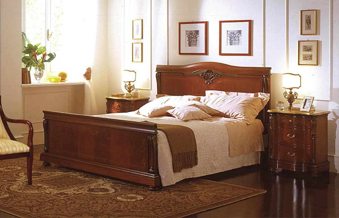 Canova bed, Bed in walnut, inlaid in classic luxury style