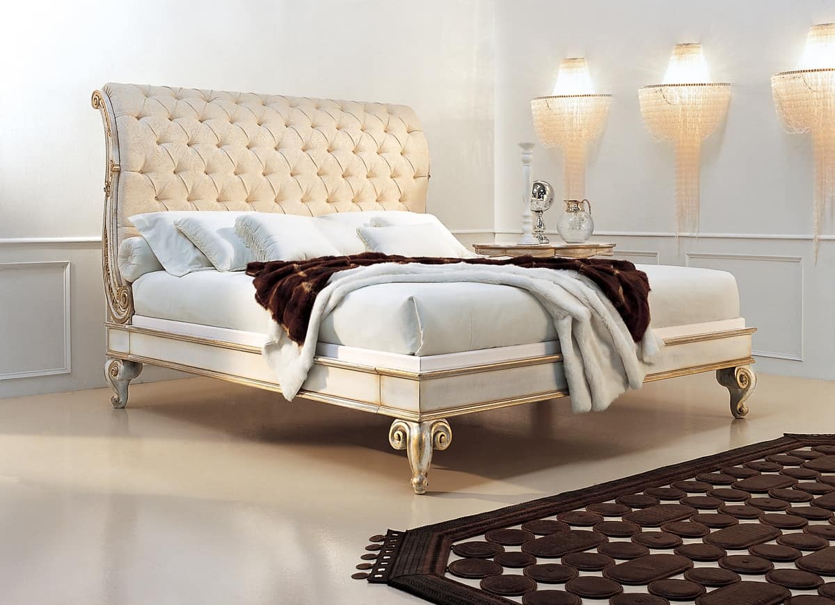 Cascella RA.0822, Walnut bed, headboard in quilted silk, for classic stile