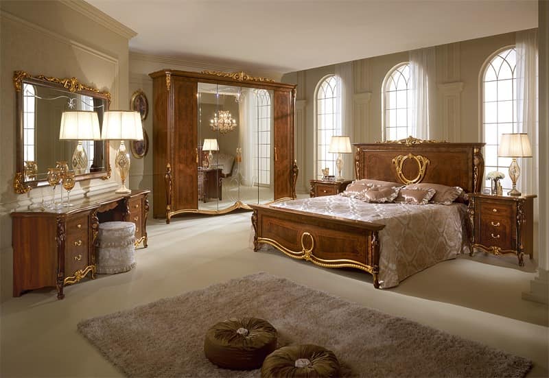Donatello bed, Bed with neoclassical style, sinuous footboard and headboard, hand-decorated