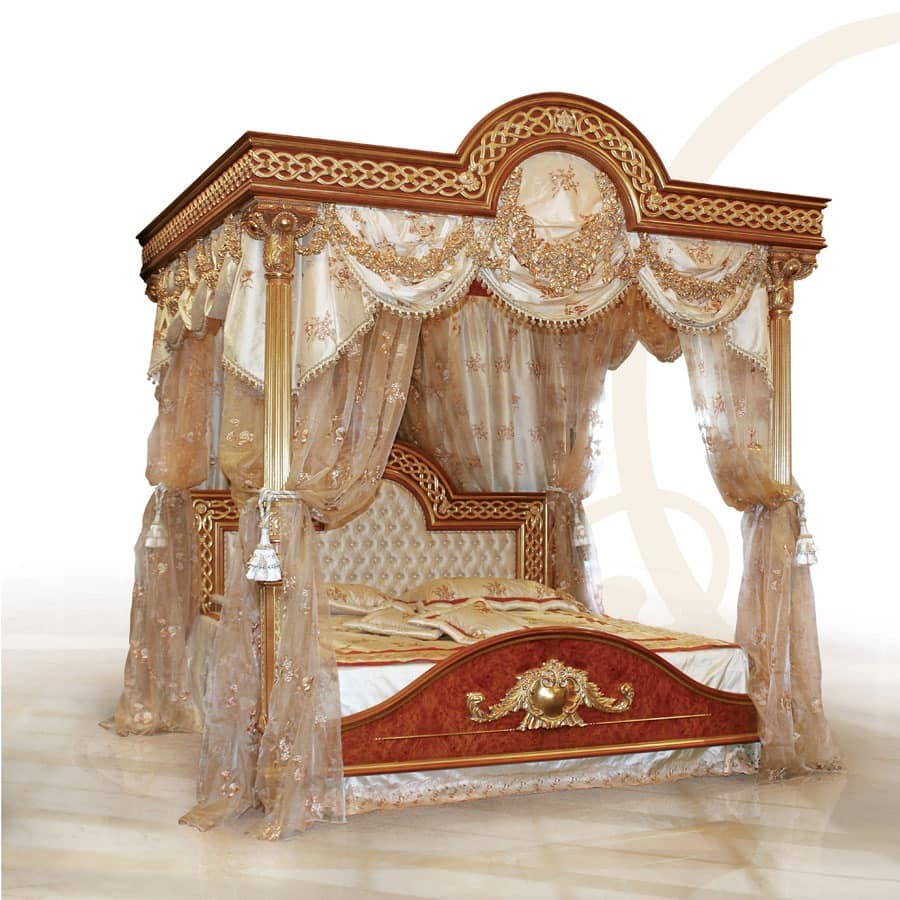 F517 Four-poster bed with Canopy, Luxurious bed with canopy, solid carved wood
