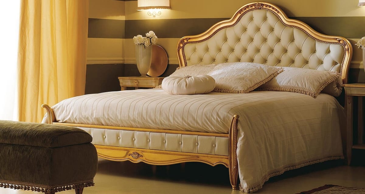 Gemma Art. 884, Classic bed, gold finish, with tufted headboard