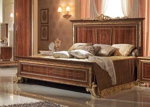 Giotto letti, Walnut bed with golden finishes, luxurious classic style