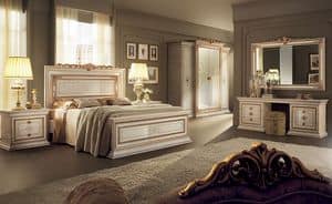 Leonardo bedroom 2, Classic furniture for bedrooms, with double bed, wardrobe 4 doors, dressing table and bedside drawers 2