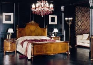 P5610, Double bed with footboard in wood, veneered in walnut, walnut feather, for bedrooms in classic luxury style