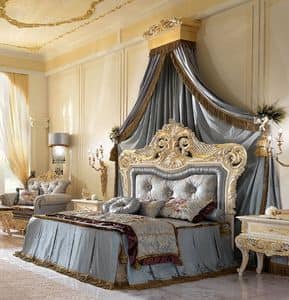 Royal Bed, Double bed in carved wood and upholstered headboard