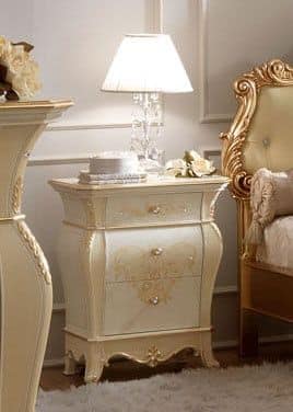 Giotto Bedside Table, Classic bedside table with three drawers, floral decorations