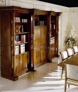 1071, Library veneered in walnut feather and ash burl, for environments in style