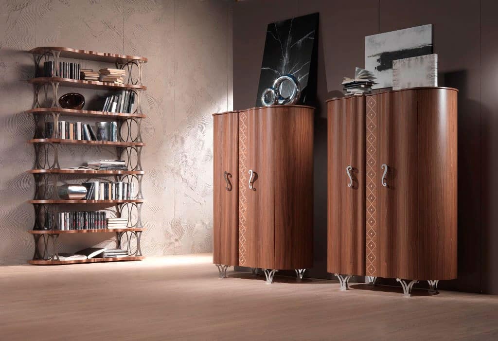 LB31 Mistral bookcase, Bookcase veneered walnut, bronze supports