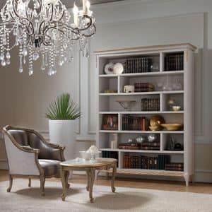 Live 5311 libreria, Bookcase in wood, with handcrafted gold finish decorations, ideal for classics sitting rooms