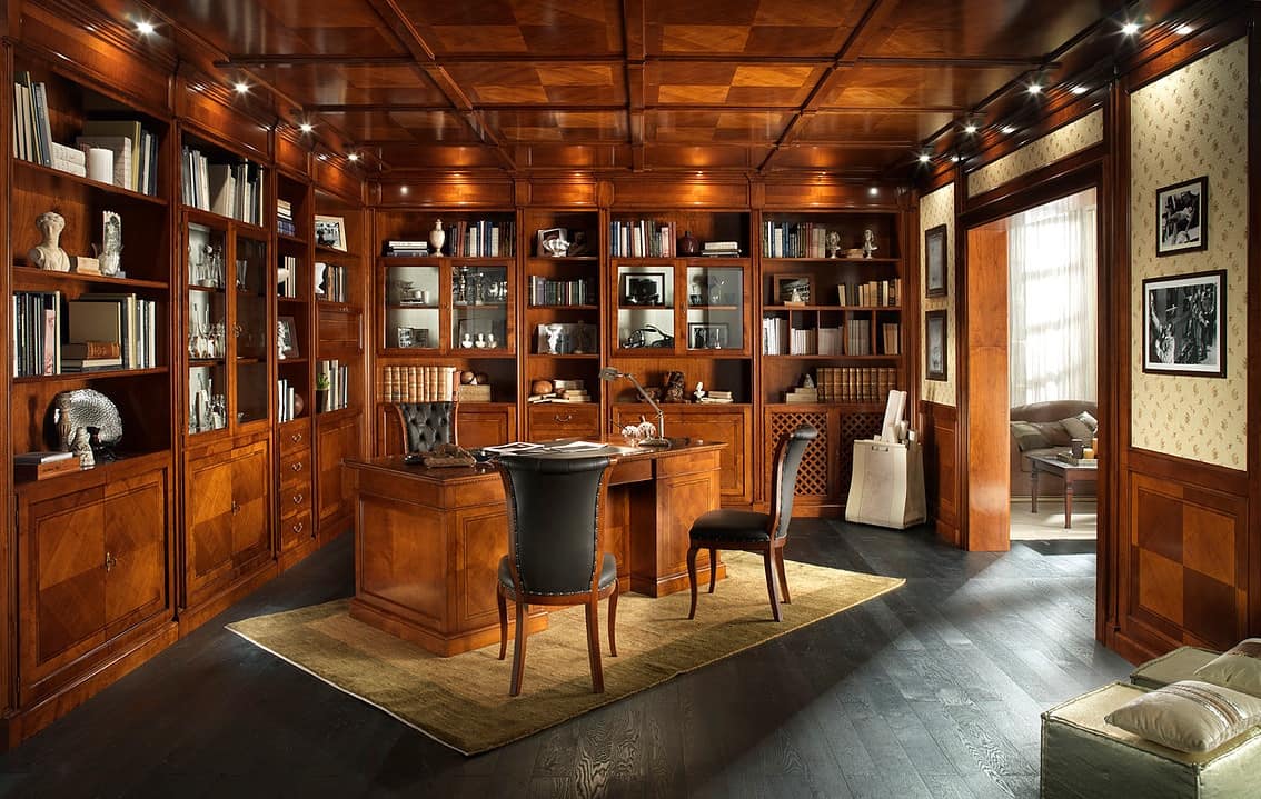 OFFICE, Library with wood paneling and false ceiling, in classic style