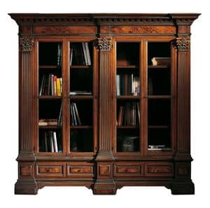 Sillano ME.0124, Bookcase in walnut with 4 doors, briar mirrors and Corinthian capitals, base with two drawers, for environments in classic style