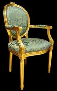 Art. L-794, Chair head of the table in inlaid wood, upholstered seat and back, lacquered gold, in classic style