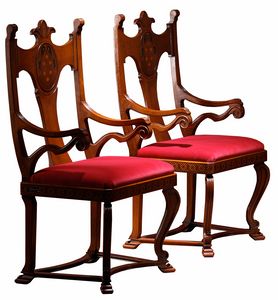 Lacona ME.0980, Chair with armrests, with carved and inlaid backrest