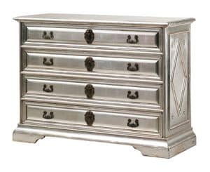 Angelico RA.0754, Ebonized wood chest of drawers, with 4 drawers, in silver color, for environments in classic luxury style