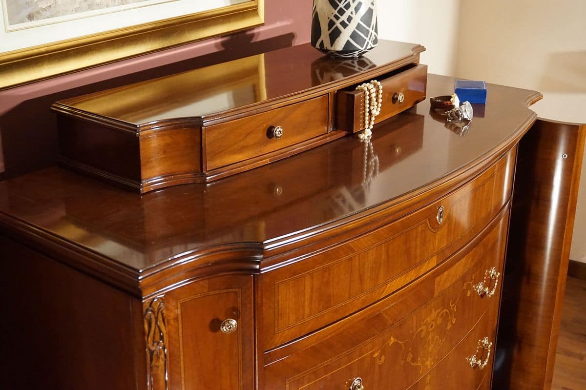 Anna chest of drawers, Walnut chest of drawers, carved and inlaid by hand, for bedrooms