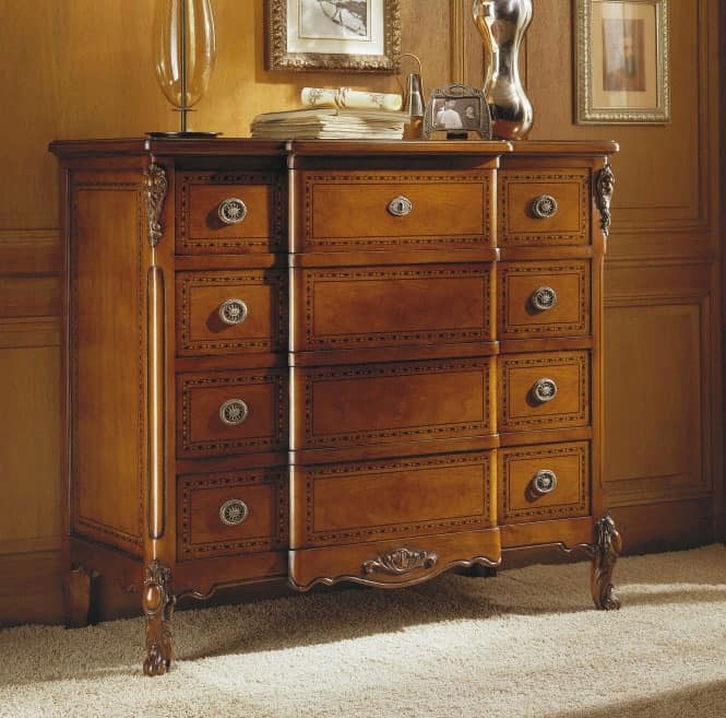 Fenice chest of drawers, Classic dresser in walnut, handmade carvings