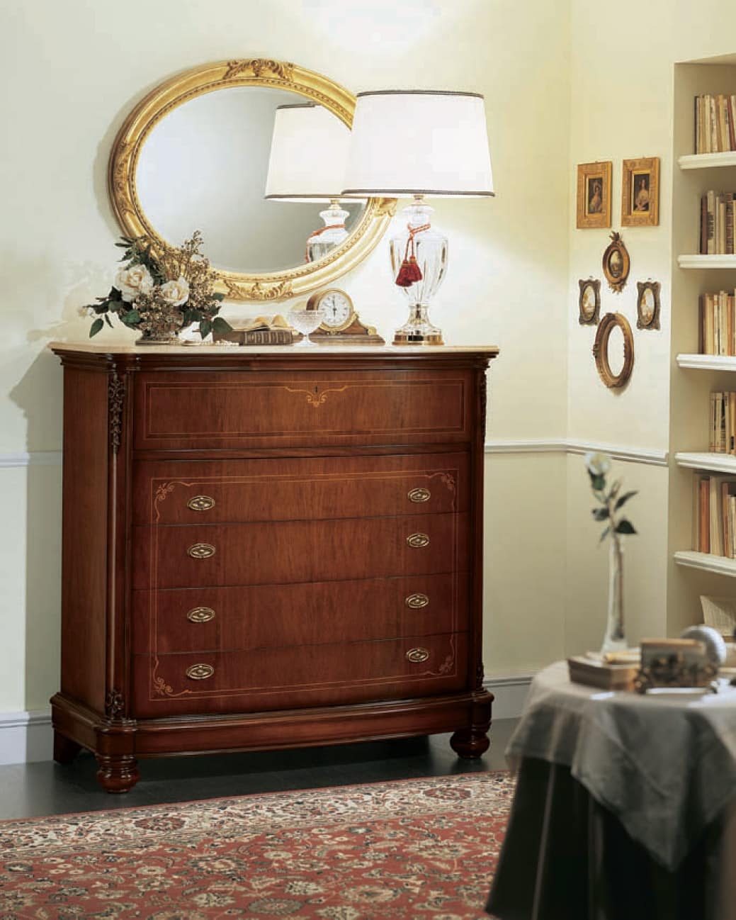 Gardenia flap, Chest of drawers with flap door and marble top, in walnut