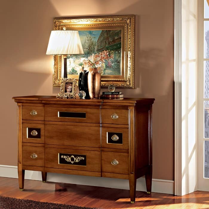 Louvre chest of drawers, Chest of drawers in walnut, decorated by hand