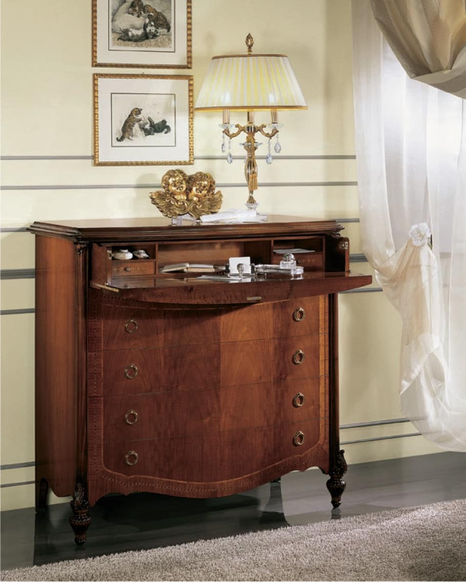 Mimosa flap, Chest of drawers with flap door and sécretaire, polished with wax