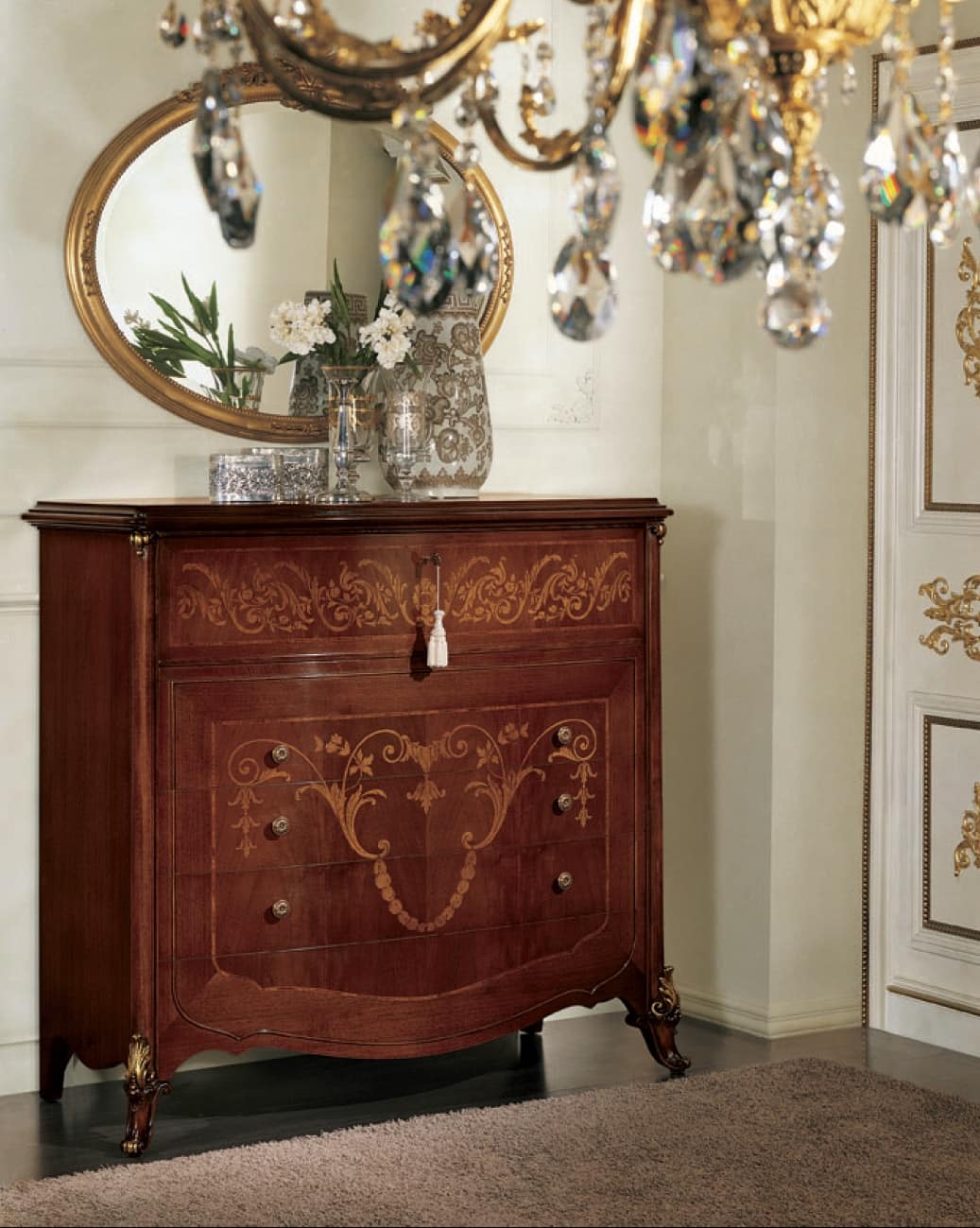 Orchidea ribalta, Chest of drawers with flap, richly inlaid, gold decorations