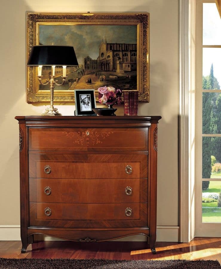 Praga chest of drawers, Walnut chest of drawers suited for bedrooms, with flap door
